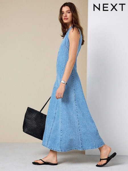Light Blue - Seamed Sleeveless Denim Maxi Dress