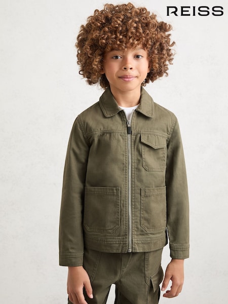 Reiss Khaki Nevis 9-13 yrs Cotton Zip-Through Utility Jacket (V04079) | AED374