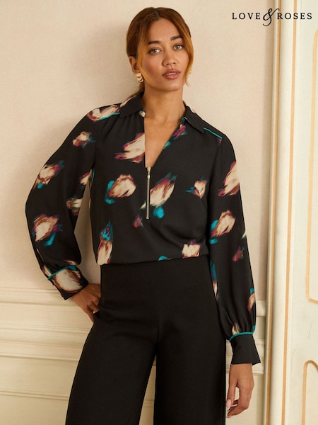 Love & Roses Black Animal Petite Long Sleeve Zip Front Blouse (V04108) | €58