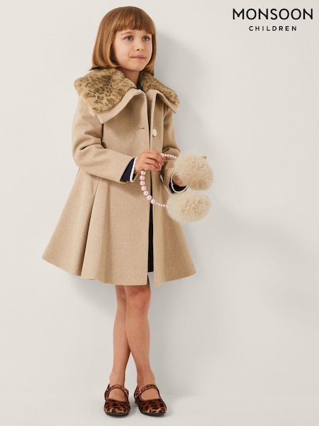 Monsoon Brown Fluffy Leopard Collar Swing Coat (V04551) | €86 - €99