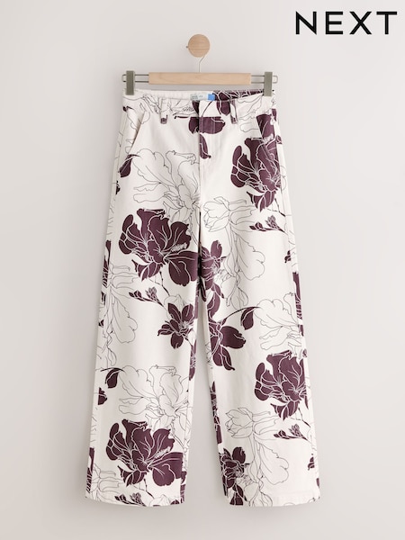 Ecru / Burgundy Floral Wide Leg Jeans (V04672) | OMR18