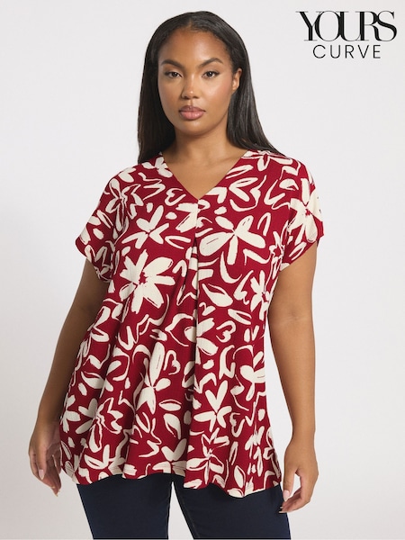 Yours Curve Red Floral Textured Pleated Front Blouse (V04785) | €32