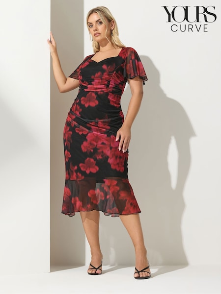 Yours Curve Red London Floral Gathered Square Neck Dress (V04800) | €85