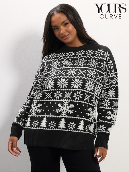 Yours Curve Black Snowflake Fairisle Pattern Jumper (V04808) | €45