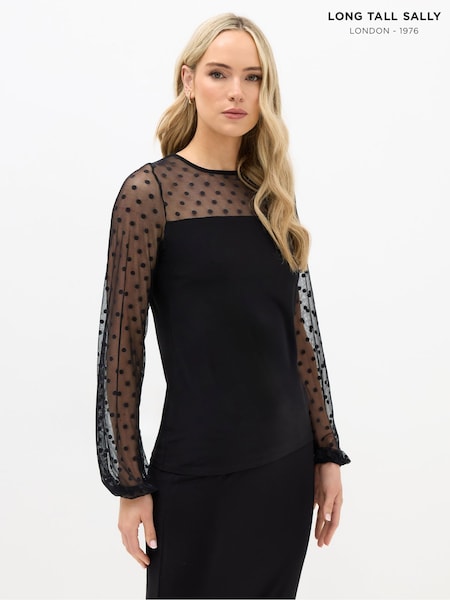 Long Tall Sally Black Spotted Mesh Sleeve Yoke Top (V04817) | €40