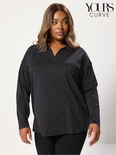 Cinza - Yours Curve Acid Wash Rugby Collar Top (V04819) | R$ 215