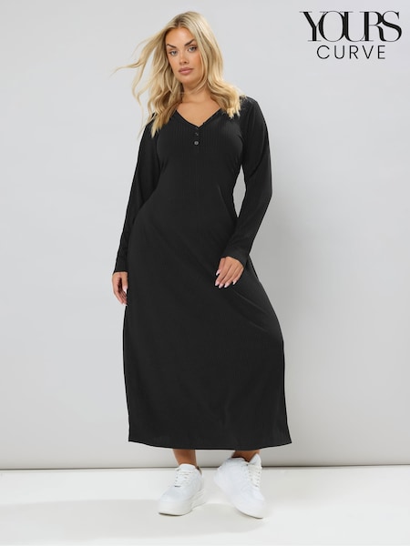 Yours Curve Black Henley Ribbed Swing Maxi Dress (V04827) | €41