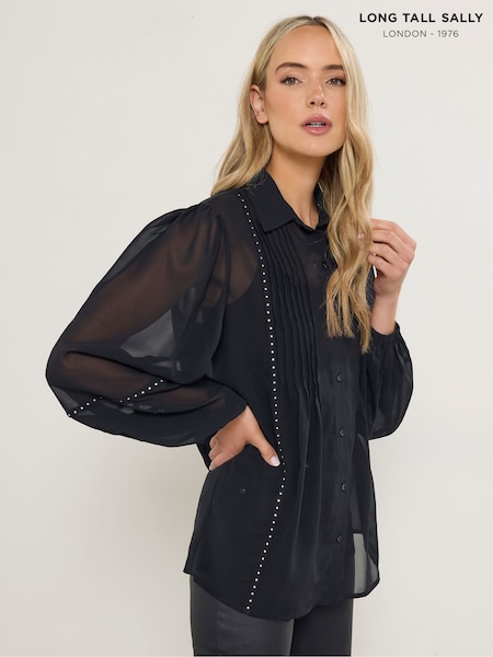 Long Tall Sally Black Studded Pleated Georgette Shirt (V04843) | €37