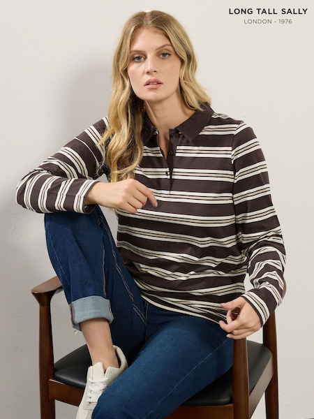 Long Tall Sally Brown Stripe Jersey Polo Top (V04845) | 129 QAR