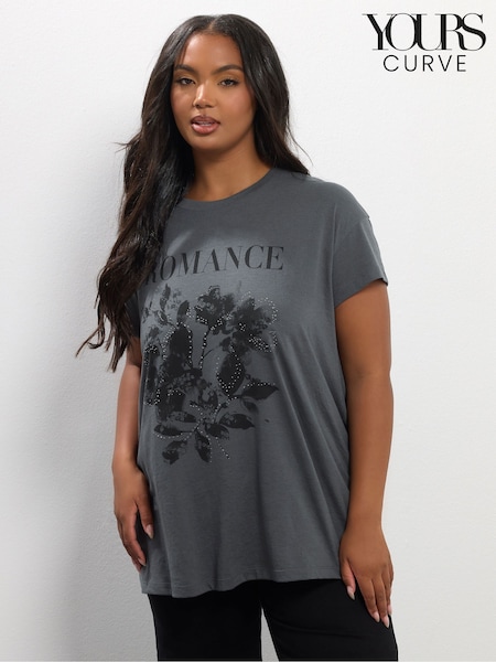 Yours Curve Grey Placement Core T-Shirt (V04867) | 99 QAR