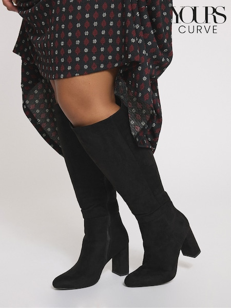 Yours Curve Black Wide Fit Wide Fit Heeled Micro Knee High Boots (V04889) | €79