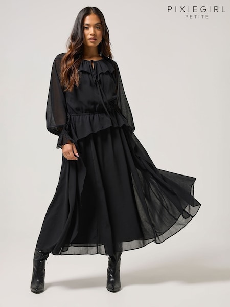 PixieGirl Petite Black Frill Tie Waist Dress (V04958) | €63