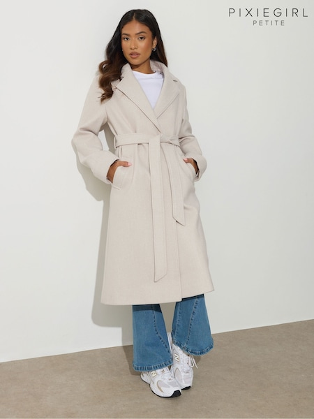 Natural - PixieGirl Petite Wrap Belted Coat (V04975) | R$ 740