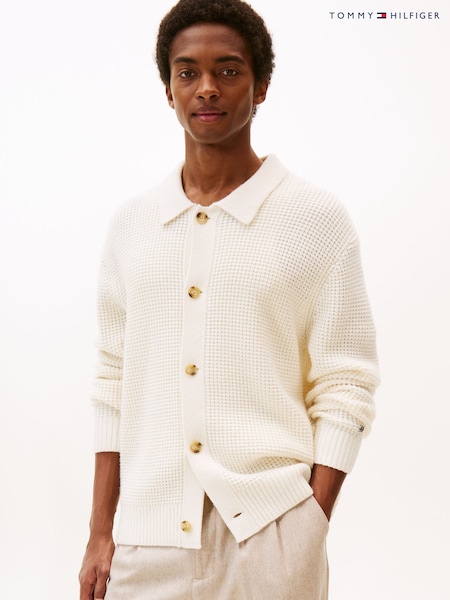Tommy Hilfiger Cream Smart Casual Waffle Knit Lambswool Blend Cardigan (V06131) | €255