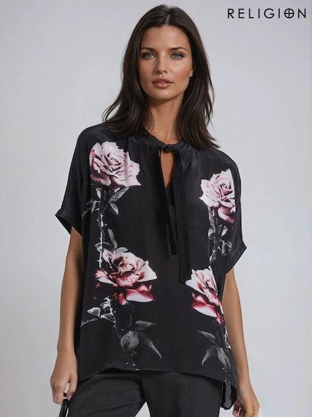Religion Loose Rose Heart Blouse With Neck-Tie In Floral Placement Print (V06164) | € 86