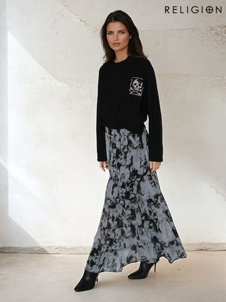 Religion Black Citrine Tiered Maxi Skirt In Dark Abstract Print (V06171) | €77