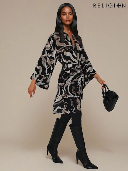 Religion Glory Tunic Shirt Dress With Tie Belt And Kimono Sleeves In Brown Abstract Print (V06175) | € 118