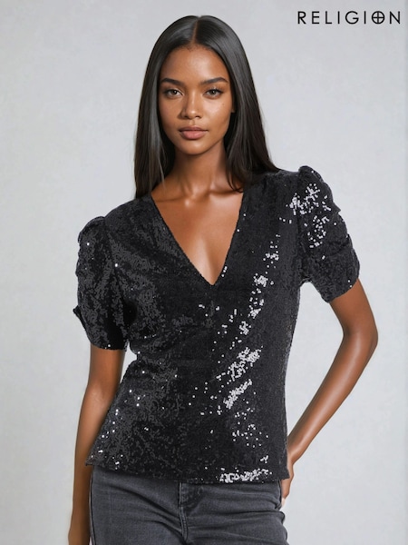 Religion Black Fully sequined Naomi Top With Puff Sleeve (V06185) | €108