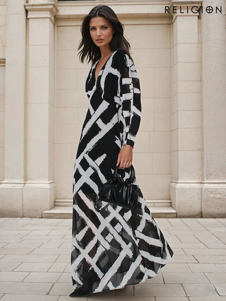 Religion Black Lily Column Bias Cut Maxi Dress In Abstract Monochrome Stripe Print (V06192) | R$ 840