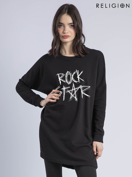 Religion Black Flora Sweat Tunic Dress With Rock Star Embroidered Slogan (V06198) | €113