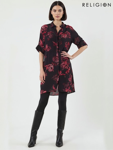 Religion Red Lola Oversized Tunic Dress With Tie Waist In Dark Floral Print (V06204) | €125