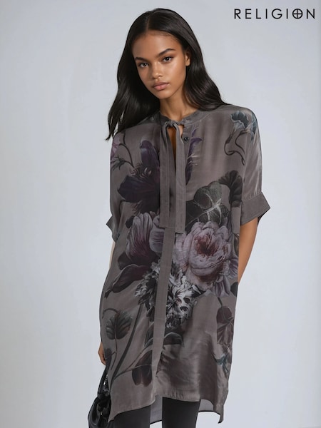 Religion Green Diana Tunic Dress With Neck Tie In Dark Floral Placement Print (V06207) | €125