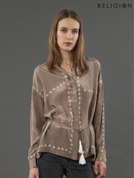 Religion Natural Lola Long Line Shirt With Tie Waist In Beige Tie Dye (V06212) | €113