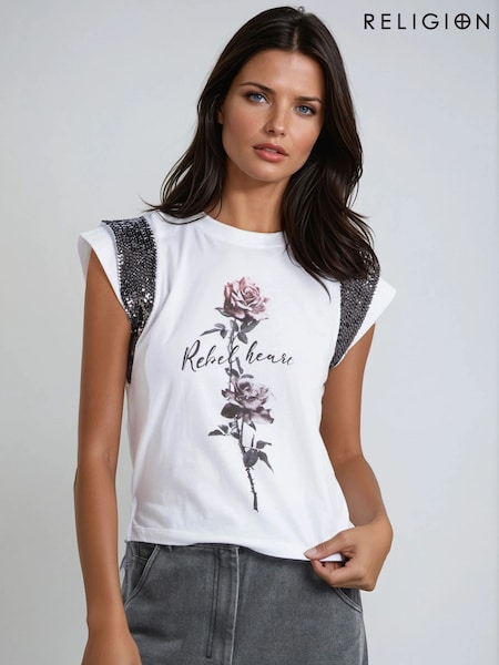 Religion White Just Rose Embellished sleeve T-Shirt with Rose Graphic (V06227) | €69