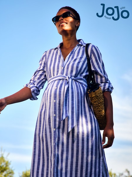 JoJo Maman Bébé Bright Blue Stripe Long Sleeve Maternity Shirt Midi Dress (V06351) | $123
