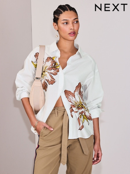 Painted Floral Pinstripe Oversized Boyfriend Shirt (V06466) | OMR23