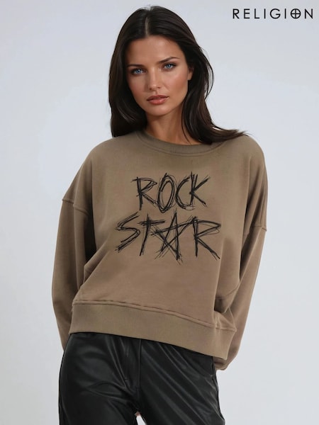 Religion Brown Flora Batwing Sweatshirt With Rock Star Embroidery (V06601) | €47