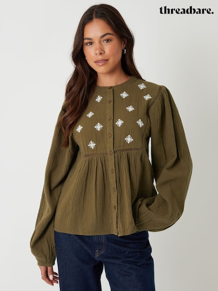Threadbare Green Crinkle Texture Cotton Embroidered Button-Up Blouse (V06703) | €45
