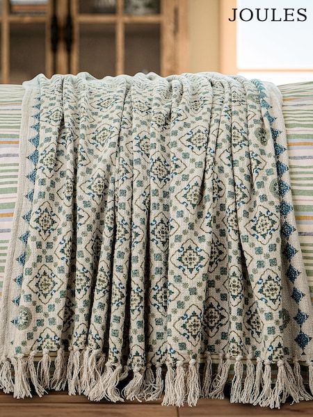 Joules Cream Green Country Tiles Throw (V06861) | 470 QAR