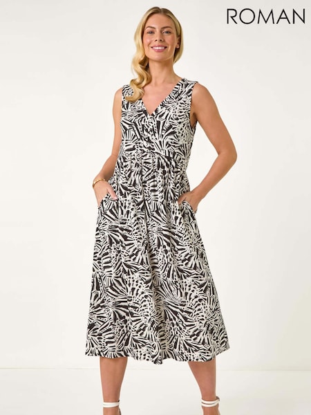 Roman Petite Abstract Print V-Neck Midi Dress (V06878) | R$ 665