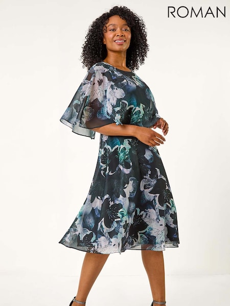 Roman Petite Abstract Floral Print Cape Dress (V06882) | R$ 785