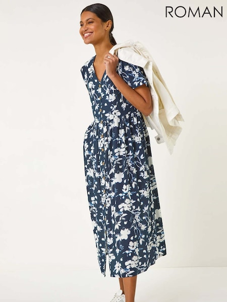 Roman Blue Floral Print Button Through Midi Dress (V06888) | €63