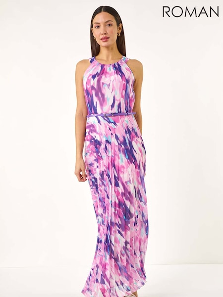 Roman Purple Blurred Print Pleated Maxi Dress (V06889) | OMR61