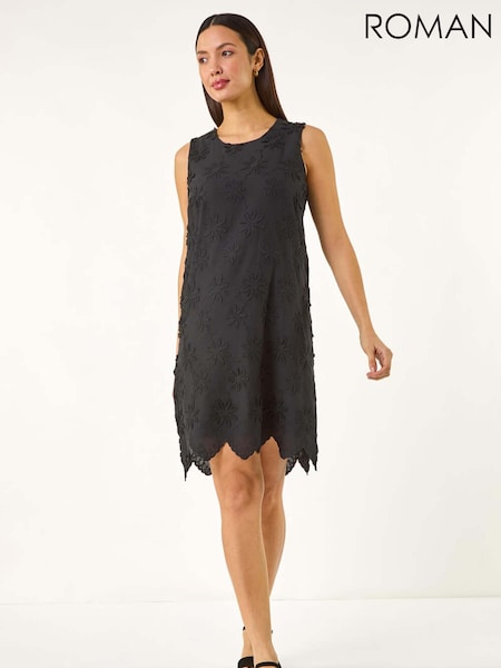 Preto - Roman Flower Print Embroidered 100% Cotton Shift Dress (V06893) | R$ 580