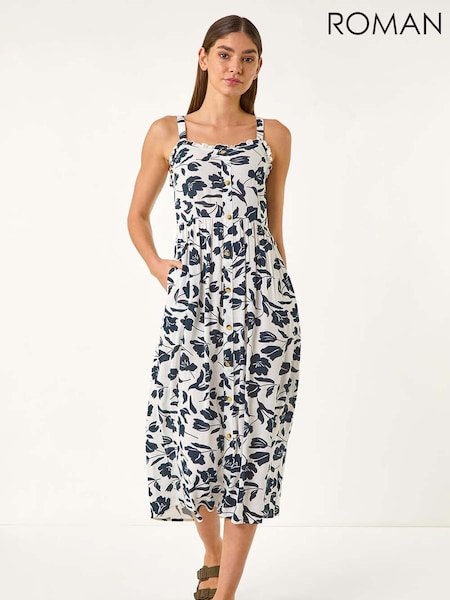 Branco - Roman Floral Print Midi Sundress (V06899) | R$ 545