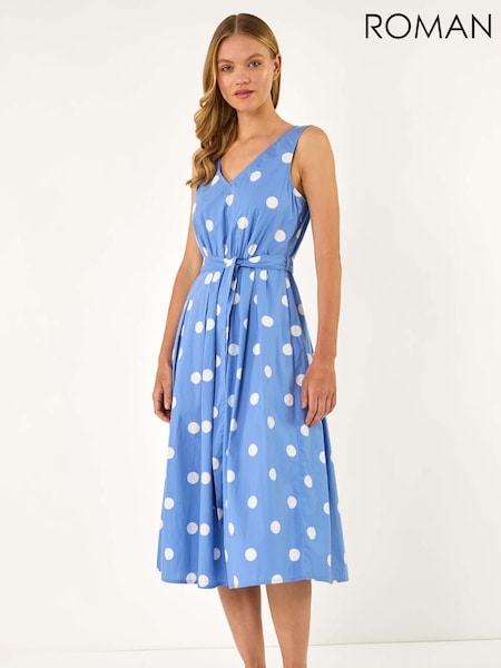 Roman Light Blue Spot Print Belted Midi Dress (V06901) | €60