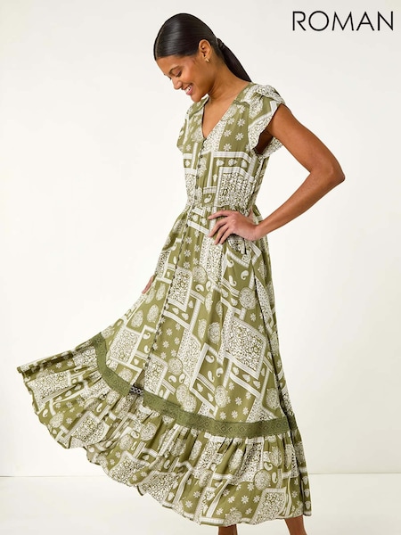Roman Green Patchwork Lace Trim Maxi Dress (V06909) | € 90