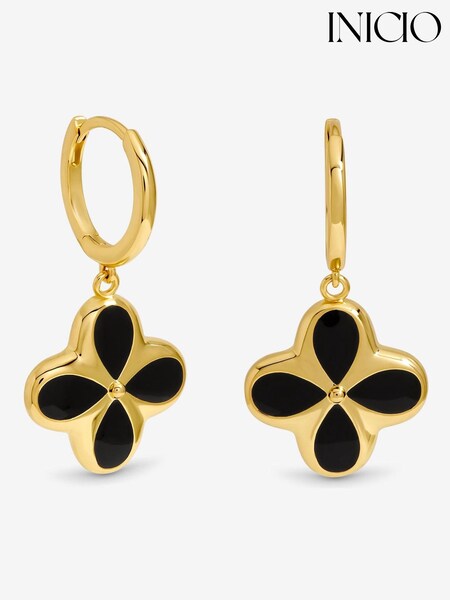 Inicio Gold Tone Jet Enamel Clover Earrings (V06976) | AED146