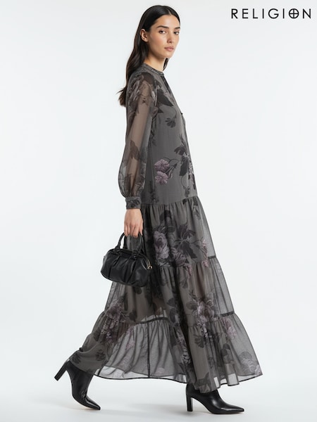 Religion Grey Stephanie Maxi Boho Tiered Dress In Taupe Floral Print (V08031) | €147
