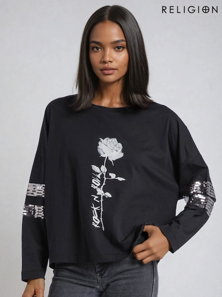 Religion Black Long Sleeve Iris Top With Rose Graphic And Embellished Sleeves (V08036) | 272 QAR