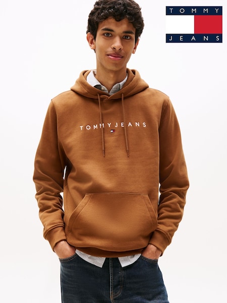 Tommy Jeans Brown Linear Logo Embroidery Kangaroo Pocket Hoodie (V08063) | €99