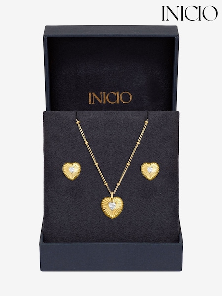 Inicio Gold Cubic Zirconia Ridged Heart Set Gift Box (V08184) | €40