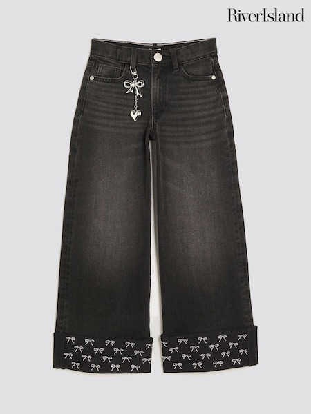 River Island Black Bow Hem Hotfix Wide Leg Jeans (V08276) | €41