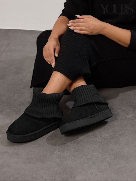 Yours Curve Black Extra-Wide Fit Knitted Cuff Fur Boots (V08355) | AED198