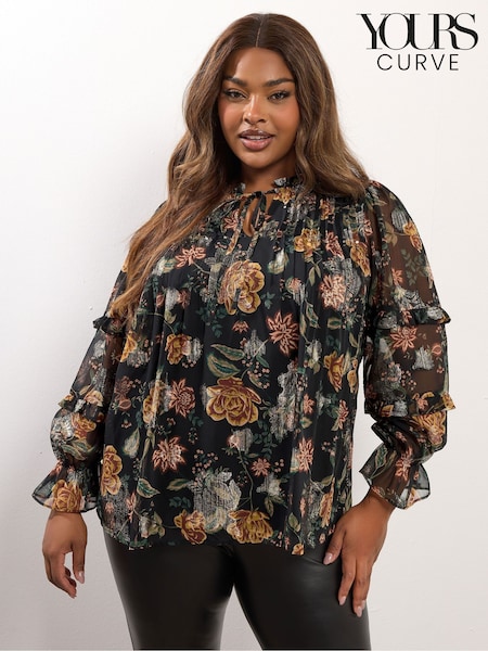 Yours Curve Black Party Metallic Tie Neck Blouse (V08380) | €51