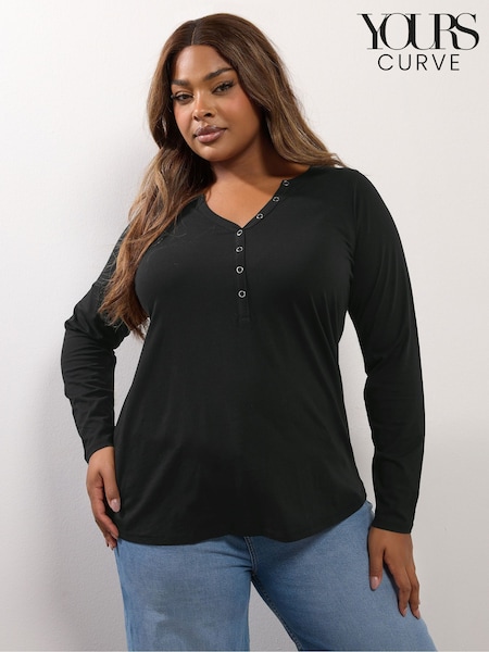 Preto - Yours Curve Open Neckline Henley Top (V08404) | R$ 195